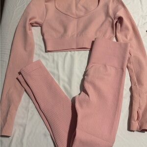 Pink Ribbed Long Sleeve Crop Top and Leggings Set